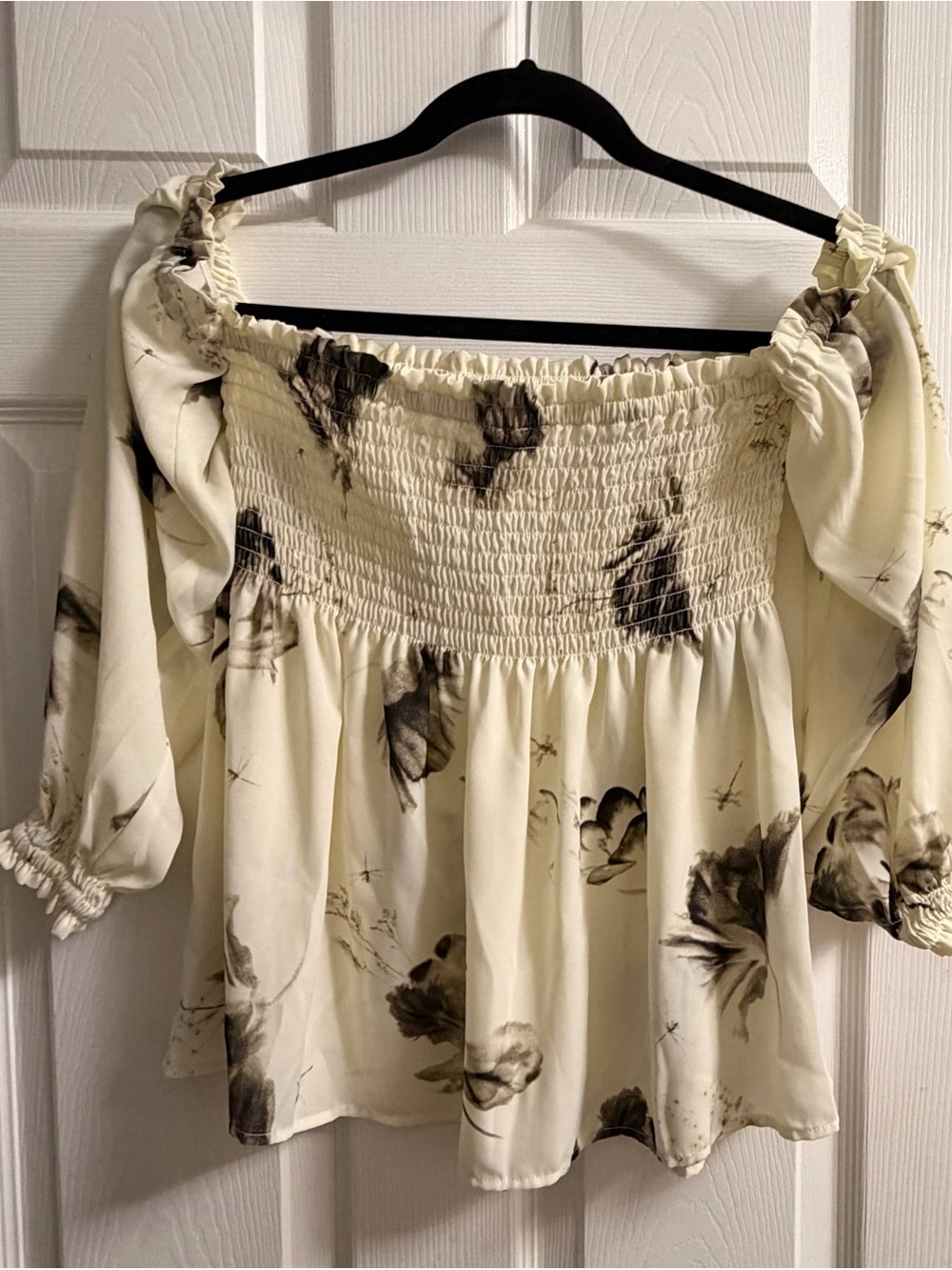 Express Off-Shoulder Cream Floral Smocked Peasant Top
